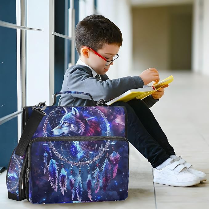 Wolf Head Dreamcatcher Galaxy 3 Ring Binder Bag 1.5 inch Binder Organizer with Zipper Shoulder Strap 500 Sheet Documents Storage for School Office