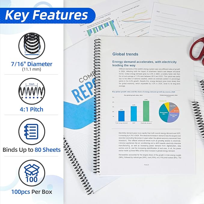 RAYSON 7/16" Plastic Spiral Binding Coils, 11.1mm Diameter, 4:1 Pitch, 80 Sheet Capacity, Black Coil Binding Spines for Business & School Use, 100 Pack