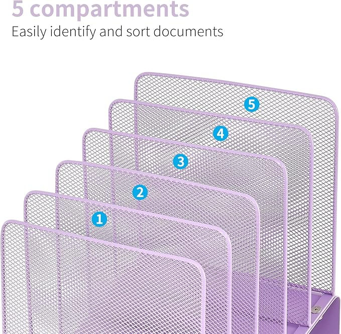LEKETREE Purple File Organizer for Desk, Desk Organizer with 5-Section Vertical File Rack, File Folder Organizer (Purple)