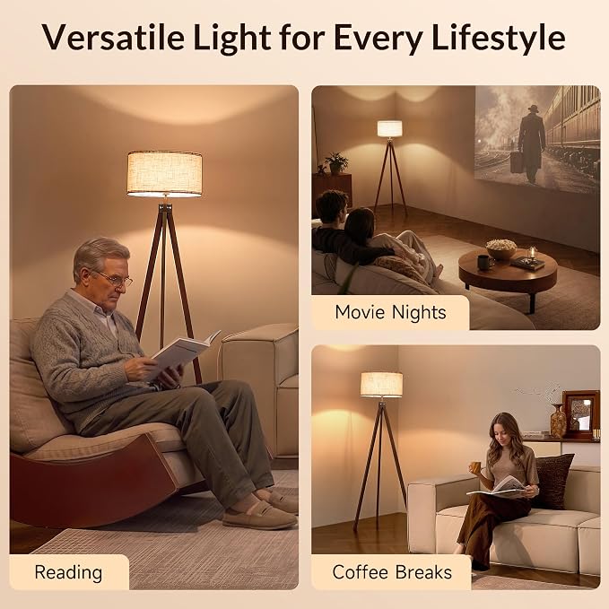 LEPOWER Tripod Floor Lamp Mid Century Modern Standing Lamps for Living Room | Light-Diffusing Linen Shade, Premium Rubberwood Tripod with E26 Base, Adding Warmth to Bedroom, Office & Study Corner Walnut