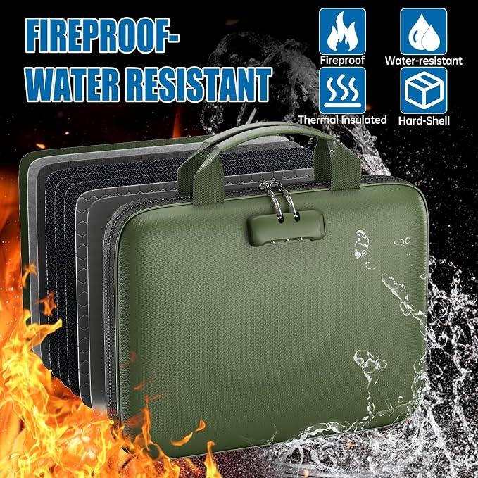 Fireproof Binder Organizer with 20 Pack Binder Pockets & Lock,Green | Important Document Box with Zipper,Water Resistant Hard Case, Portable Home Office Safe Storage Protection for Letter Size