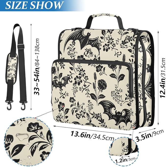 Goth Bat Flowers Binder Bag 3 Ring Zipper with Handle Shoulder Strap | for School Work Office Organizer Storage Case