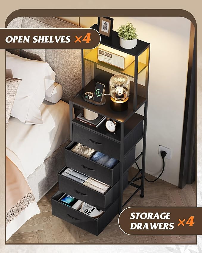WLIVE Tall Nightstand with Charging Station, LED Night Stand with 4 Drawers and Storage Open Shelves, Fabric Dresser for Bedroom, Office, Black