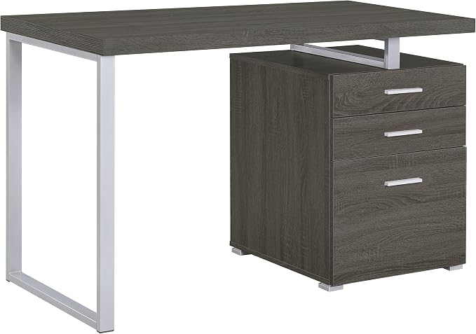 Coaster Home Furnishings Brennan Modern Contemporary Home Office 3-Drawer Writing Desk with Drawers Computer Desk Study Table File Cabinet Storage Silver Metal Frame Weathered Grey 800520