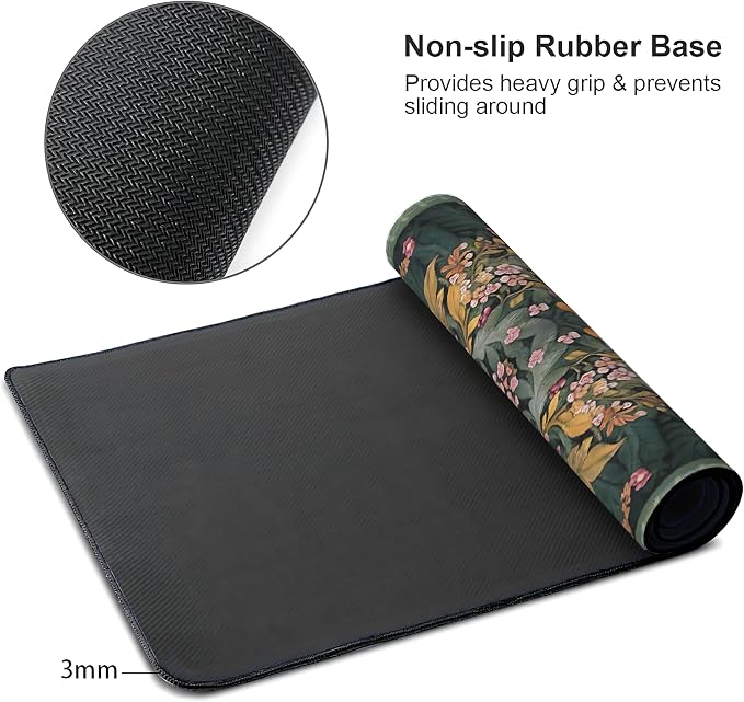 Floral Aesthetic Wildflower Gaming Mouse Pad, Forest Green Rug Desk Mat with Anti-Slip Base & Stitched Edges,35.4" x 15.7" in Desk Accessories for Women, Home Office Decor & Artistic Gift