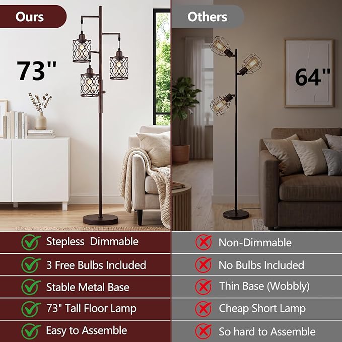 73" Dimmable Farmhouse floor lamps for living room, Industrial Tree Floor Lamp with 3 X 6W LED Bulbs, Stepless Dimming, Metal Cage Shades, 3 Light Rustic Standing Tall Lamp for Bedroom, Office, Brown