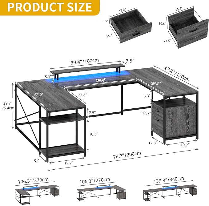 DWVO U Shaped Desk with Drawers | 79" Reversible L Shaped Desk with Power Outlets & LED Lights, Corner Computer Desk with Monitor Stand & Storage Shelves, Grey