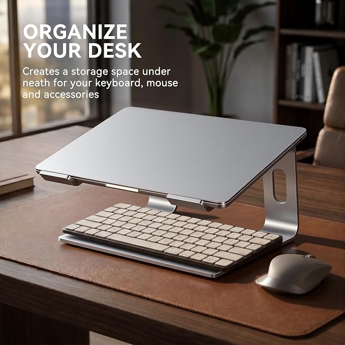 SOUNDANCE Laptop Stand, Aluminum Computer Riser, Ergonomic Laptops Elevator for Desk, Metal Holder Compatible with 10 to 15.6 Inches Notebook Computer, Silver