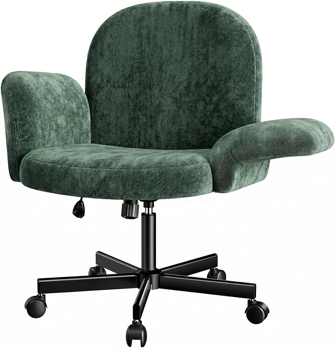 Marsail Criss Cross Office Chair with Adjustable Armrests & Wheels, Vanity Chair with Wide Cushion, Reclining Back, Soft Chenille Fabric, Desk Chair for Home Office, Makeup Room, Bedroom, Green