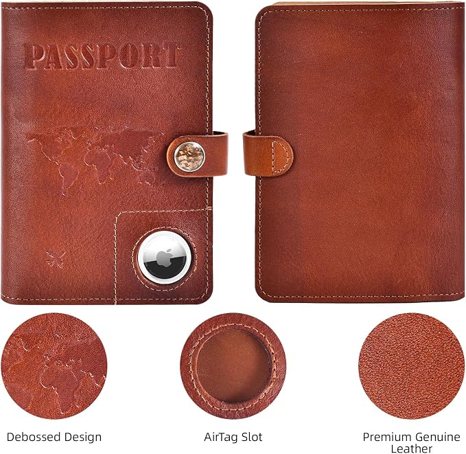Brown Binder, Genuine Leather Passport Holder, Passport Cover with Air Tag Slot, Men's Travel Document Organizer, SIM Slot Travel Passport Wallet