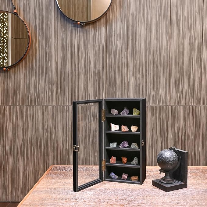 Ikee Design Wood 5 Shelf Wall-Mounted Case Display,Tempered Glass Door | Wall Mounted Wooden Collectible Display Case 5 Shelf Display Storage Accessories with Tempered Glass Door, Black Color