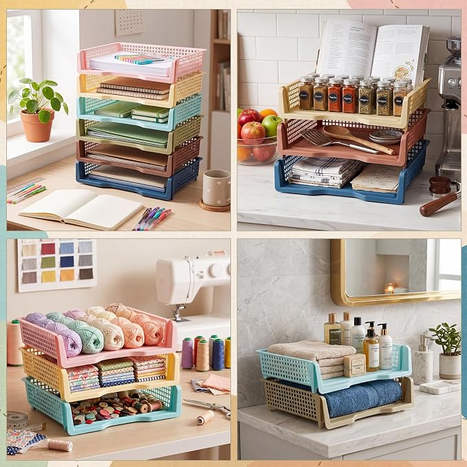 Weysat 12 Pcs Turn in Trays Classroom, Stackable Paper Tray for Classroom Organization Plastic Desk File Organizer Bin Basket for Library Drawer Teacher Office Document Storage (Morandi Tones,Wide)