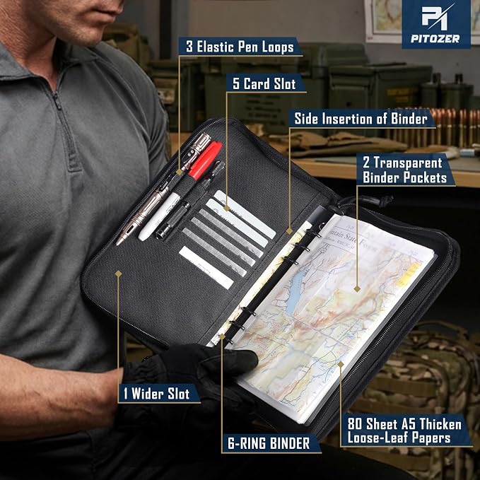 Molle Notebook Cover with Detachable A5 Clear Plastic 6-Ring Binder | 6.9x10" Zip Book Cover, 80 Refill Line Papers, 1“ O-Ring Padfolio binder, for Gift Planners Travel Feild Work School