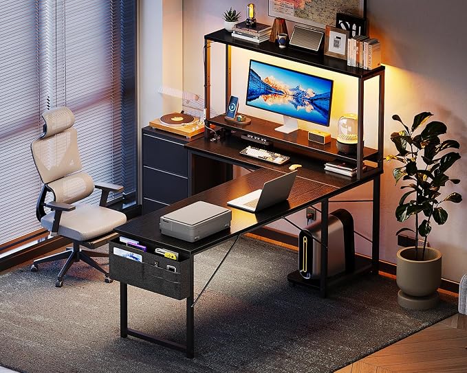 AODK L Shaped Desk Gaming Desk with LED Light & Power Outlet | 61 Inch Black Reversible L Shaped Computer Table with Shelf & Storage Bag & Hook for Home Office