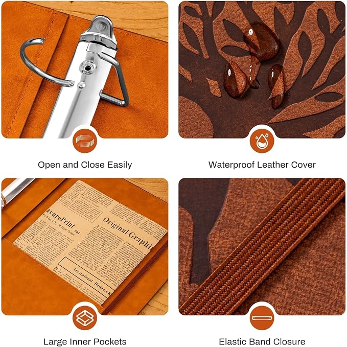 Ovesmusl 2 Pack PU Leather D Ring Binder, 2 Inch Brown Tree | Fits 8.5x11 letter paper, holds 550 sheets, inner pockets, loose leaf organizer