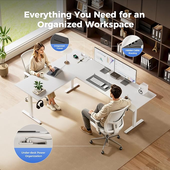 Agilestic 75 x 61 Inch L Shaped Standing Desk with Powerstrip, White | Outlets, Cable Management, Corner Desk, Ample Workspace, Memory Presets, Hooks, Stable Steel Frame,176 lbs, Splice Board