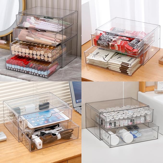 Clear Plastic Drawer Organizer, 4 Drawers | Stackable Desk Organizers and Accessories, For Home Office Supplies, Marker Pen, Notebooks, Art Crafts