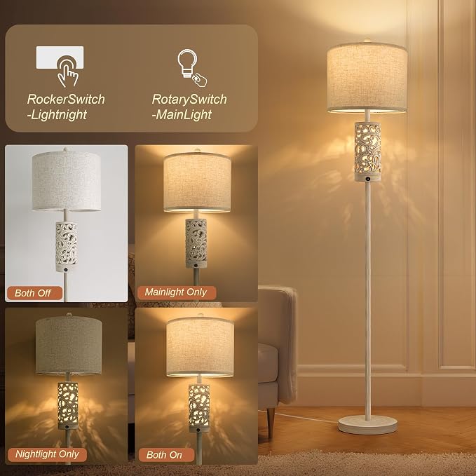 65“ Farmhouse Floor Lamp for Living Room, Rustic Floor Lamp with Main&Night Light,Linen Shade&Dual Switches, Standing Lamp for Bedroom Office Corner Dining Room, Wood Pole Lamp