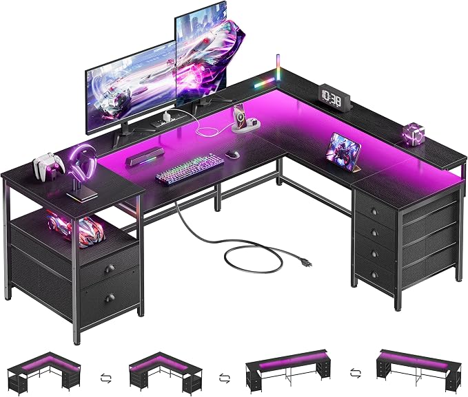 Furologee 66'' L Shaped Gaming Desk with 6 Drawers, LED, Outlets, Black | Reversible Large Corner Computer Desk with Printer Storage Shelves, LED Lights, Monitor Stand for Home Office, Working Study