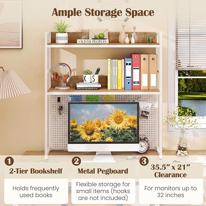 Giantex Desktop Bookshelf, 2-Tier Desk Hutch Dorm with Pegboard for up to 32" Computer Monitor, Industrial Countertop Storage Organizer Rack, Desk Shelf for Home Office (Natural)