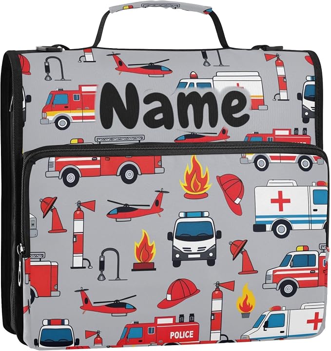Custom Fire Engine Car Truck 3 Ring Binder Bag 1.5 inch Personalized Name Binder Organizer 500 Sheet Documents Storage for School Office
