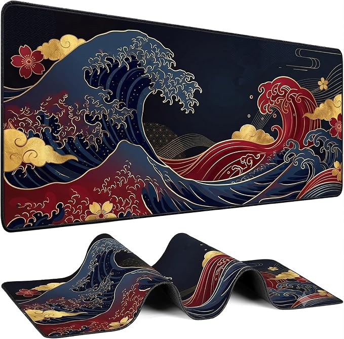 Japanese Great Wave Mouse Pad XL-Extended Gaming Desk Mat (31.5 x 15.7 in) | Black and Gold Ukiyo-e Art Mousepad with Anti-Slip Rubber Base, Waterproof Keyboard Mat for Office, Home & Esports