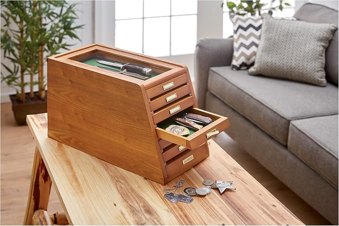 Collector's Cabinet Display Case for Collectibles, Wood 7-Drawer Storage Organizer Oak