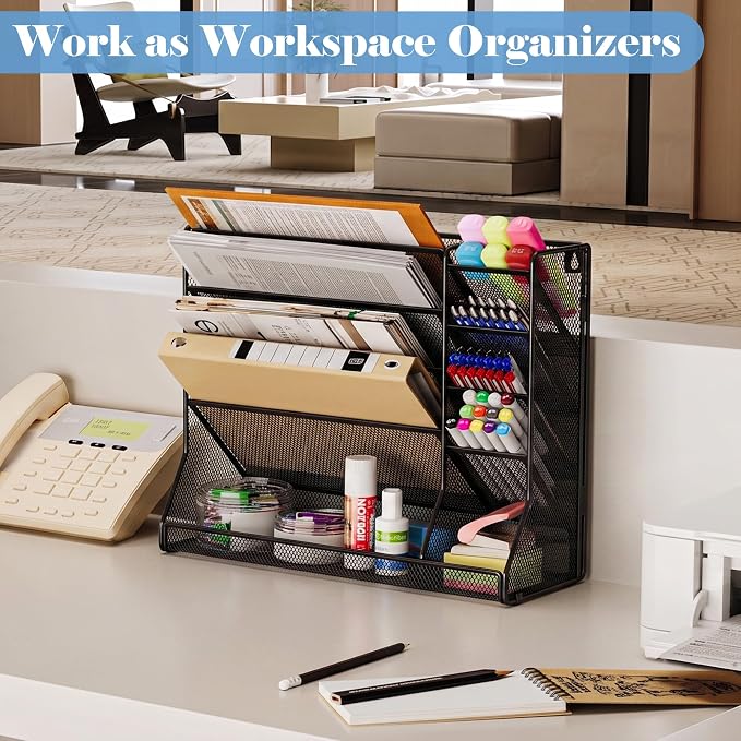 Jakyitvi Adjustable 5 Tiers Wall File Organizer Metal Hanging Holder Black | 5 tiers desk paper organizer, folder holder wall mount, mail organizer for home office, hanging document tray