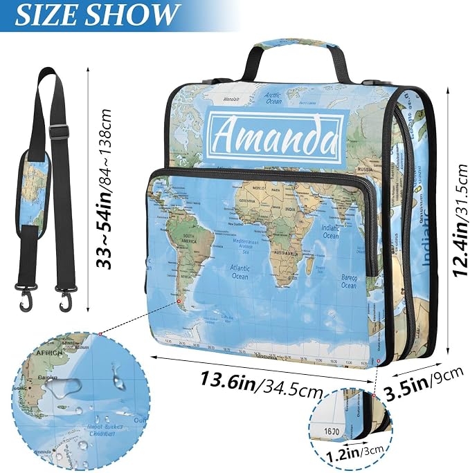 Custom 3 Ring Zipper Binder World Map Blaue Personalized Name 1.5 inch Binders Large Capacity Multi Pockets for School Office Supplies