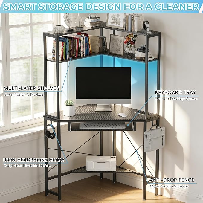 Corner Desk with Hutch and LED Light, Keyboard Tray, Carbon Black