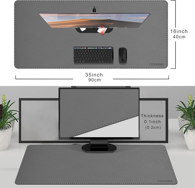 CENNBIE 35.5" x 16" Leather Desk Mat, Computer Mouse Pad for Office(Grey) | Premium Stitched Edges Resist Wear. Waterproof, Non-Slip & Easy To Clean. Protects Desk From Scratches. For Office & Home.