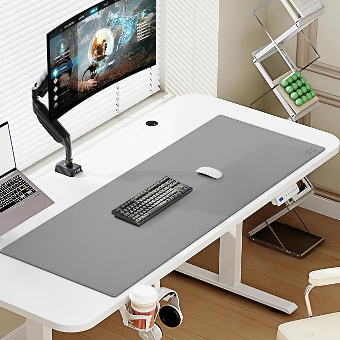Cacoy 40" x 16" PU Leather Desk Pad Blotter, Extended Gaming Computer Mouse Pad, Waterproof Writing Pad Desktop Protector Mat for Office and Home (Grey)