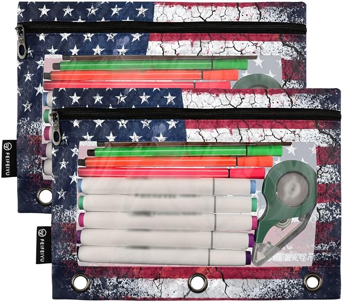 Retro American Flag Pencil Pouch for 3 Ring Binder, 2 Pack Waterproof Pencil Bags Clear Window Pencil Case Zipper School Office Supplies
