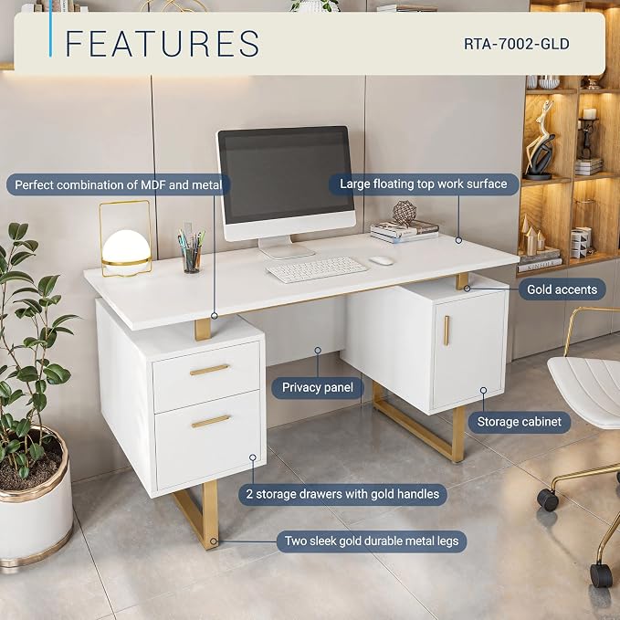 Techni Mobili 51"W Computer Desk w/ 2 Drawers & Storage Cabinet, White/Gold | Home office workstation, durable construction, everyday productivity, Ideal for home office, Workspace organization