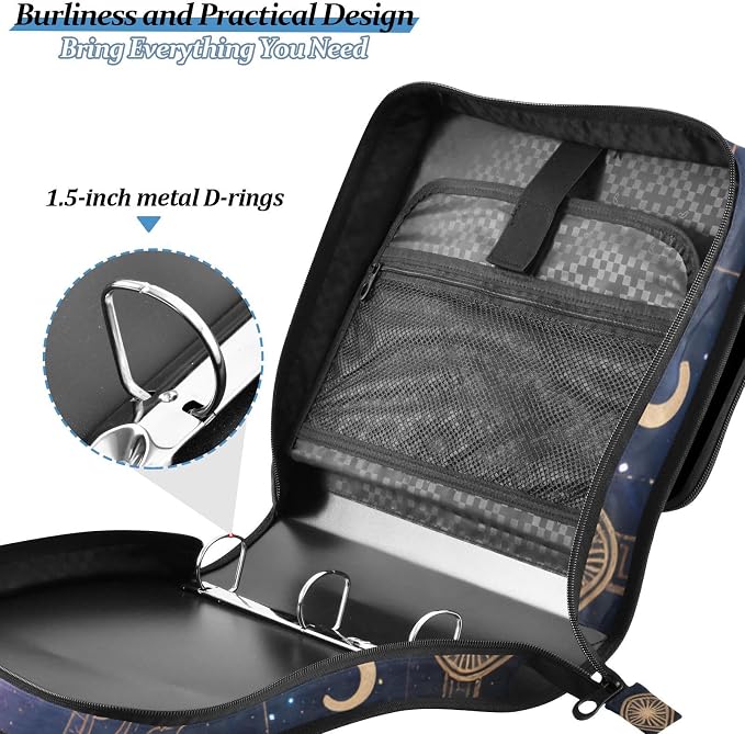 3 Ring Zipper Binder with Shoulder Strap Astrology Sun Time 1.5 inch Binders Keeper Large Capacity Multi Pockets for School Office Supplies