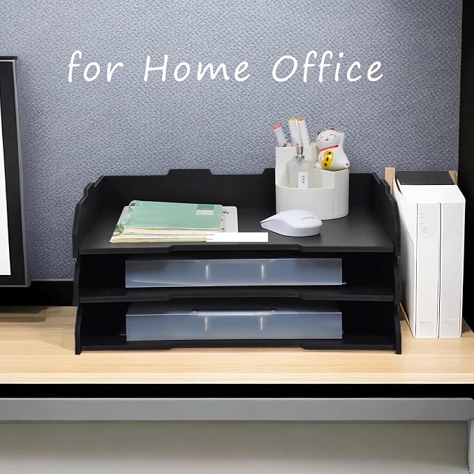 A3 Stackable Paper Tray, 3 Tier Desk File Organizer, Desktop Organizer for Office Supplies,Office Desk Accessories & Workspace, /A3 Office File Folder, Office School, White (Landscape-Black-3-Tier)