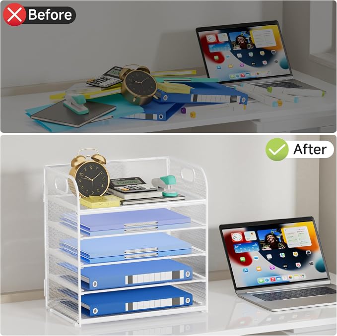 5-Tier Stackable Paper Organizer with Handle, White | Metal Mesh Desk Organizer Letter Tray, Office Storage & Organization for Home, School & Workplace