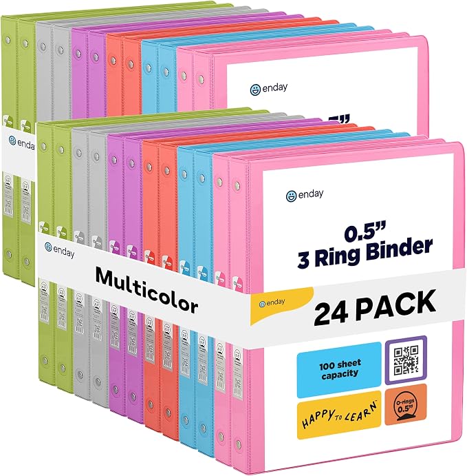 Enday 1/2 inch Binder 3 Ring Binder (24 Pack - Assorted Colors) O-Ring Binder with Clear View Cover and 2 Inside Pocket - for Letter Size 8.5 x 11'' Paper, Ideal for School Supplies, Office, and Home