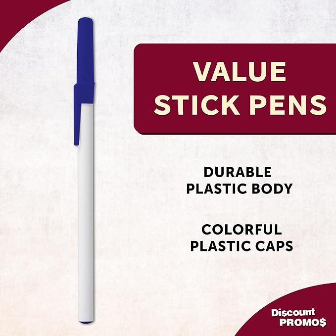 DISCOUNT PROMOS Value Stick Pens Set of 10, Bulk Pack - Black Ink, Great for Office, School, Business, Tradeshows, Events - Blue