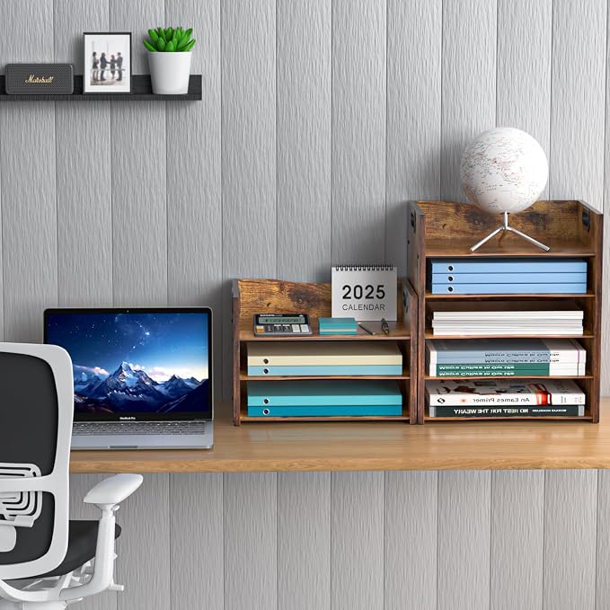 5-Tier Wood Paper Organizer, File Holder for Desk With Handle | Keep Desk Clean,Space Saving,Wooden Paper Letter Tray, Desk Organizer and Accessories, File Cabinet for Home Office, School