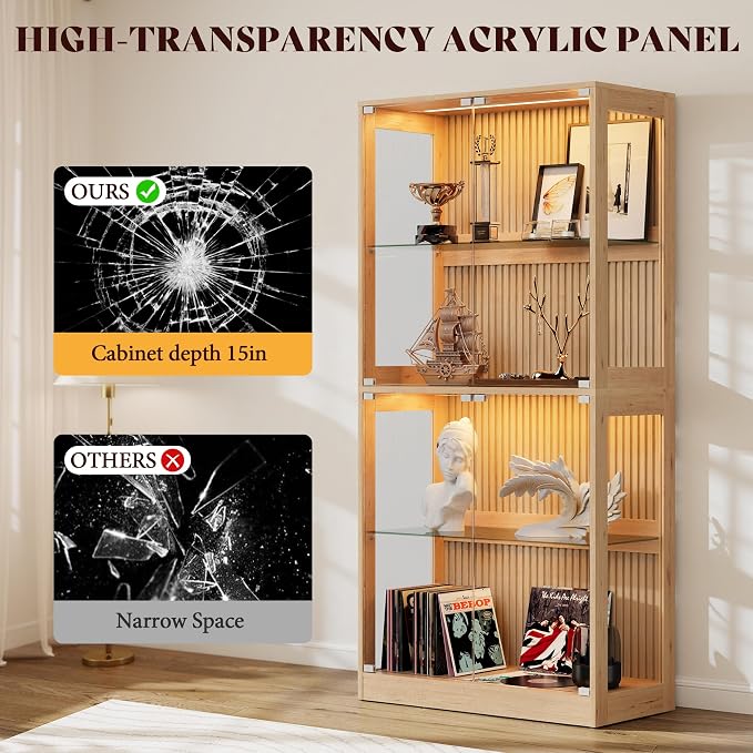 AMERLIFE 32-Inch RGB Display Cabinet with Glass Shelves | 70 H x 32 W x 16 D In, 4-Tier Storage, RGB LED Lights, Press-to-Open Doors, for Collectibles, Wood-Grain Slatted Finish