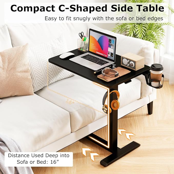 Tangkula Mobile Standing Desk, Pneumatic Height Adjustable Rolling Desk with Cup Holder & Headphone Hook, Overbed Table with Hidden Wheels, Laptop Computer Cart for Couch, Home, Office (Black)
