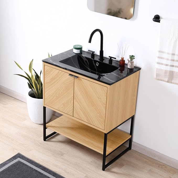 JONATHAN Y Juhl 30" Chevron Freestanding Bathroom Vanity Cabinet, Oak | Modern Minimalist Design, 18" Deep 33" Tall, 2 Soft-Close Doors, Interior And Open Shelves, Sink Not Included