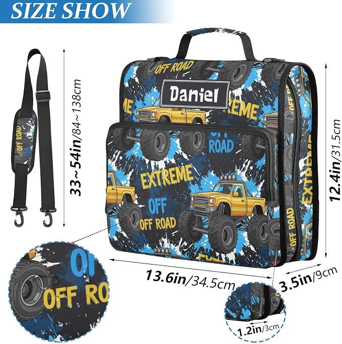 Custom Truck Black Blue Pattern 3 Ring Zipper Binder with Shoulder Strap & Handle 1.5 Inch D-Ring Zippered Bag with Multiple Pocket, Personalized Binder Organizer for School or Office