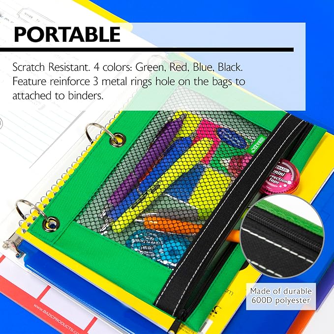 BAZIC PRODUCTS 3-Ring Pencil Pouch with Clear Mesh Window, 4-Set | clear mesh window and a zipper closure for pens, pencils, supplies