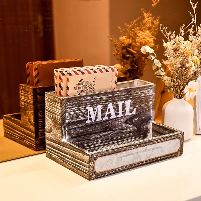 Farmhouse Wood Desktop Desk Mail Organizer with 2-Slot Desktop Mail Sorter Holder File Organizer Bill Paper Folder Office Desk Accessories Rustic Office Supplies Home Decor