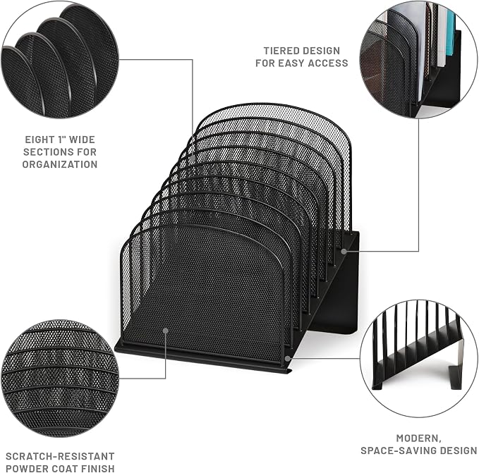 Safco Onyx Desk Organizer, 8 Tiered Vertical Compartments, Office and Classroom Mailbox , Paper and Mail Sorter, Steel Mesh, Black