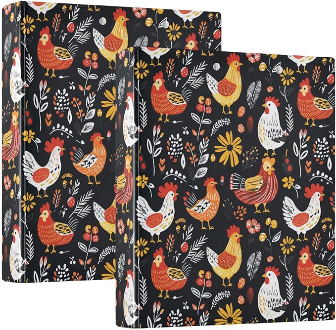 Colorful Chickens with Floral Black 1.5 Inch Binders 3 Ring with Clipboard&2 Pockets Large Heavy Duty Binders Decorative D-Ring Binder Flexible Hardcover Binders, Holds 200 Sheets