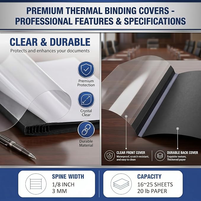 50 Pack Letter Size Thermal Binding Covers 1/8 Inch Spine for 16-25 Sheets, Clear PET Front Black Cardstock Back, Presentation Report Covers for Thermal Binding Machines, for Office, School