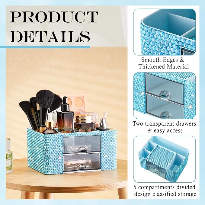 MotiMind Blue Bling Desk Organizer with 2 Drawer, Sparkly Makeup Organizer for Vanity, Girly Desk Accessories, Rhinestone Pen Holder, Elevate Your Workspace with Blue Serenity (Diamond)